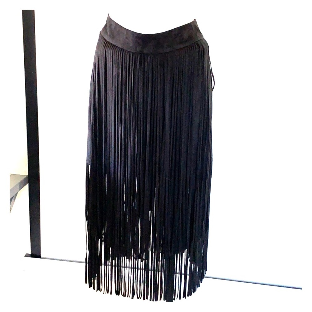 ZARA Black Suede Midi Skirt with Fringe sz xs
